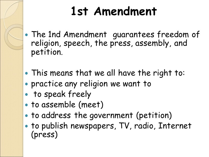 1st Amendment  The 1nd Amendment  guarantees freedom of religion, speech, the press,